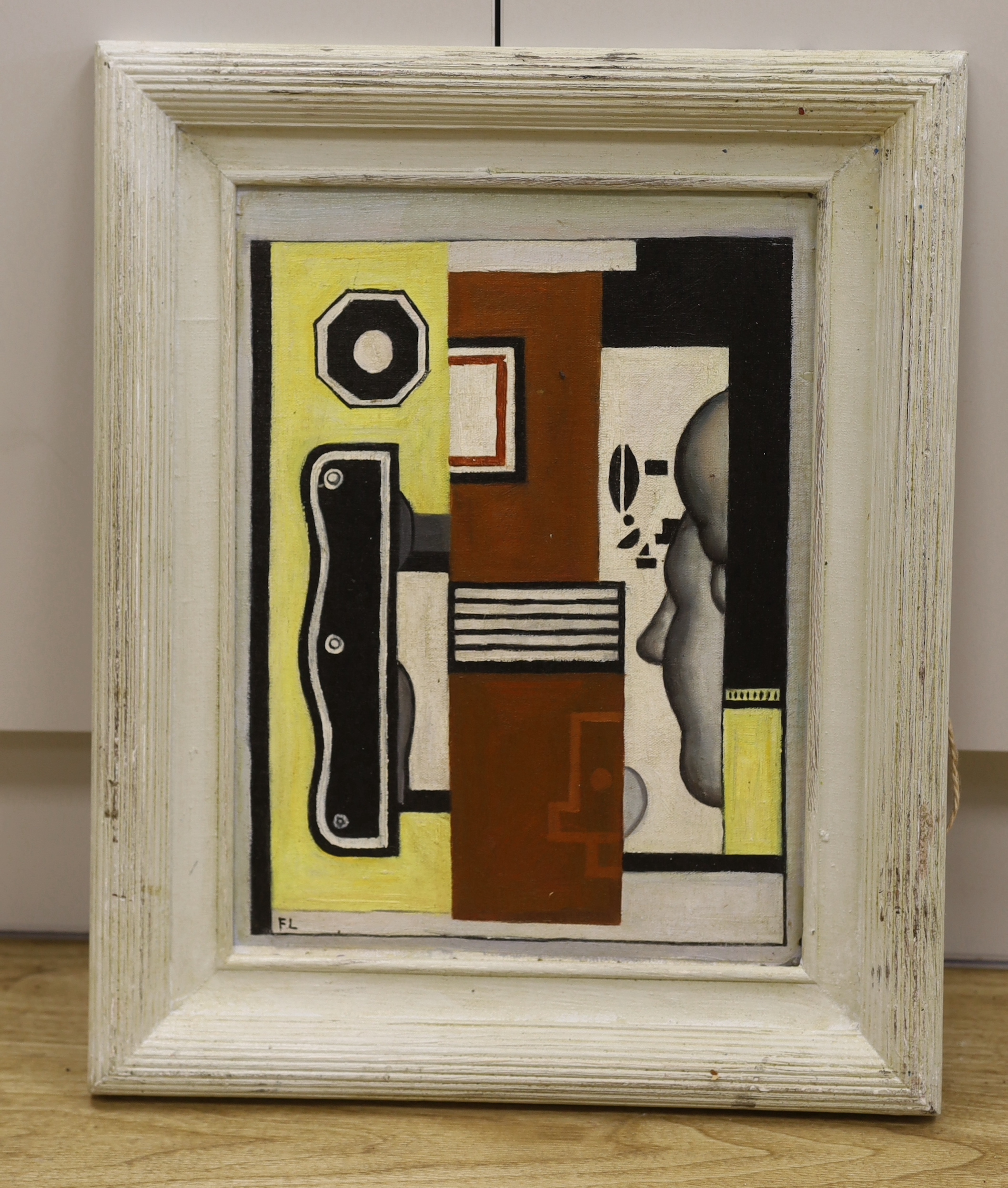 After Fernand Leger (1881-1955) oil on board, Surreal composition, geometric shapes and figure, 39 x 29cm